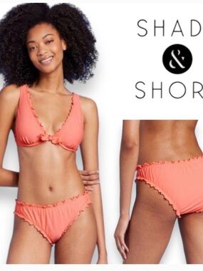 Shade & Shore Coral Ruffle Bikini Set